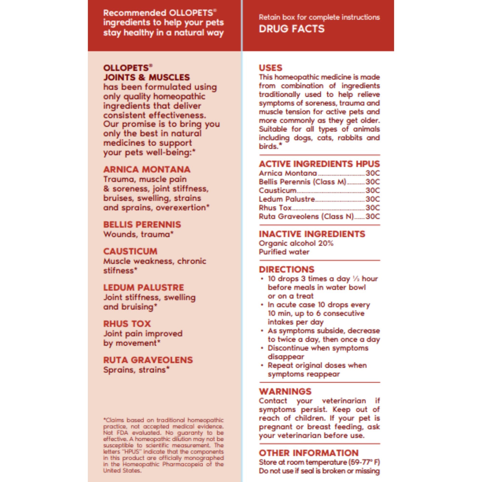 Ollopets Joint & Muscle Support for Dogs & Cats — drug facts panel