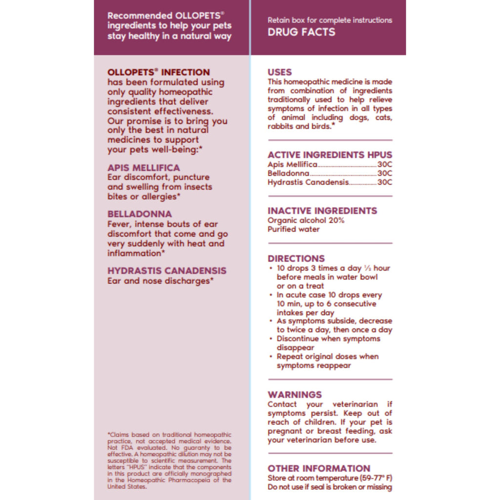 Ollopets Infection Support for Pets — drug facts panel