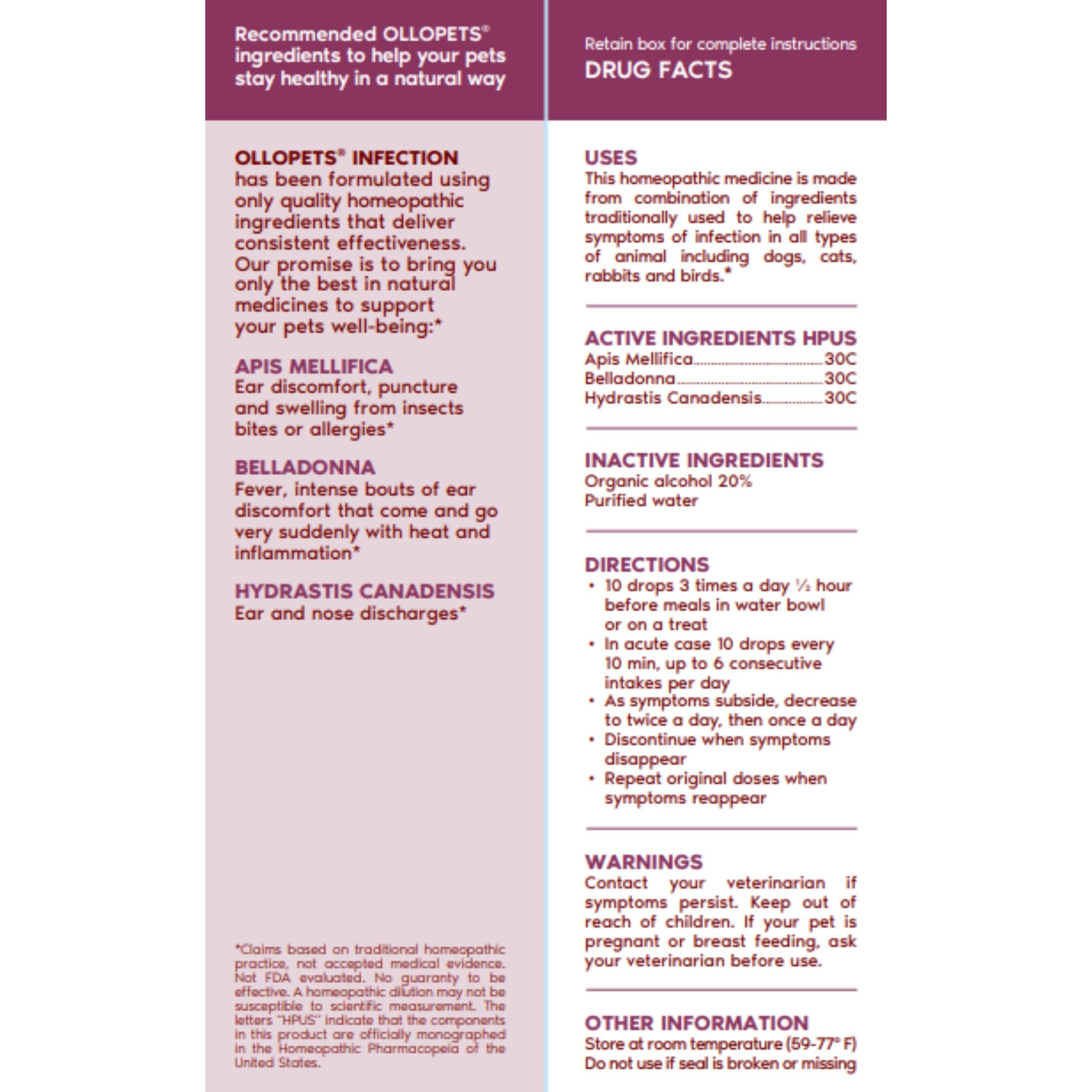 Ollopets Infection Support for Pets — drug facts panel