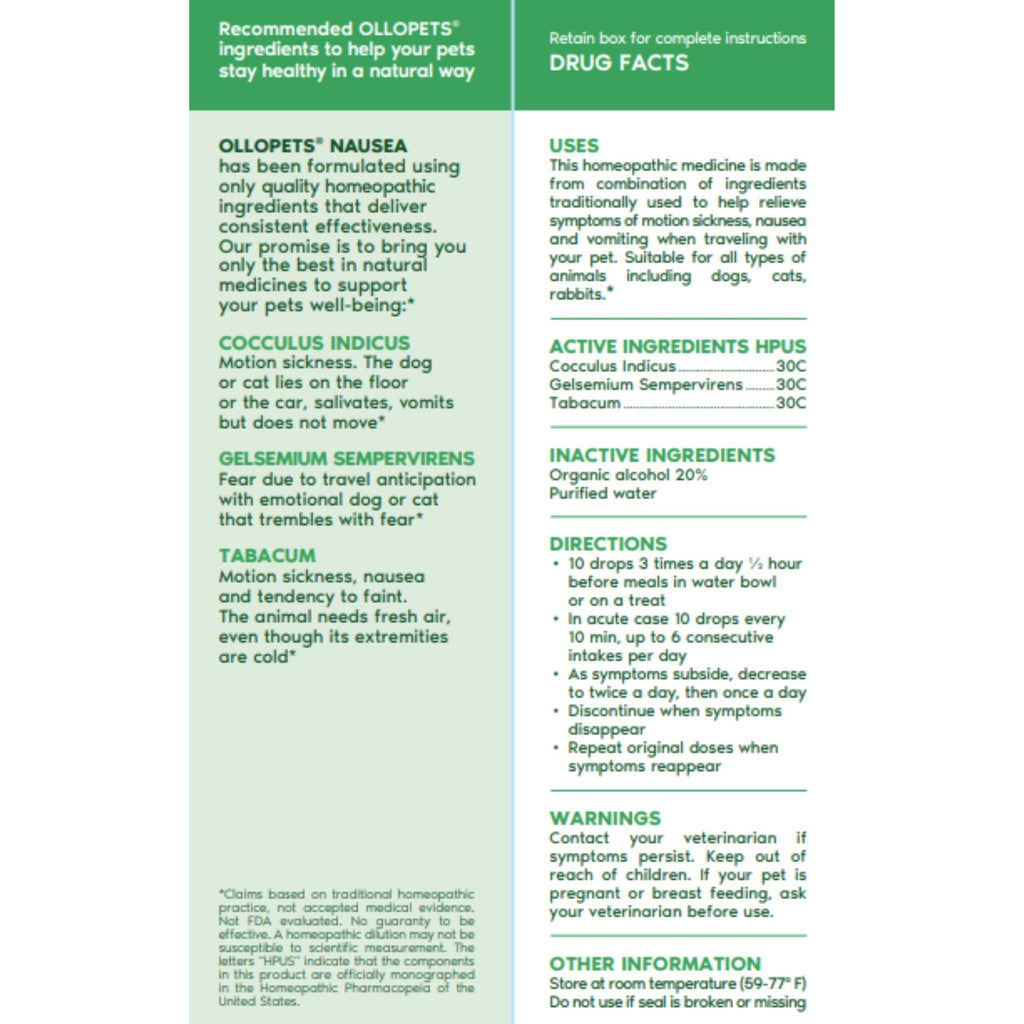 Ollopets Nausea Relief for Pets — drug facts panel