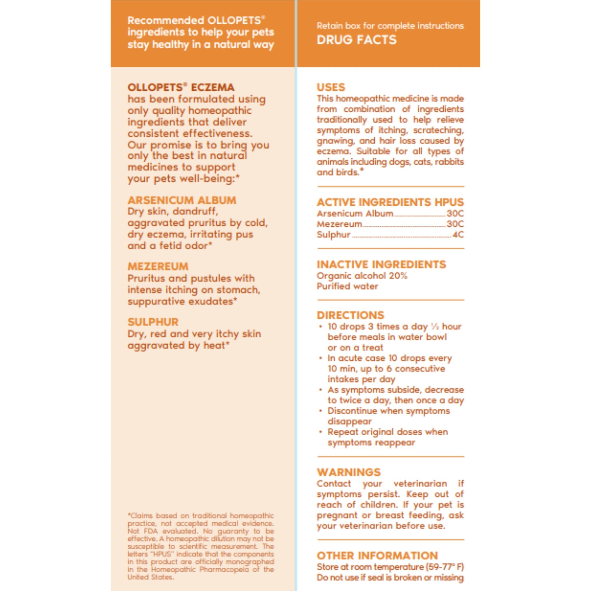 Ollopets Eczema Relief for Dogs & Cats — drug facts panel