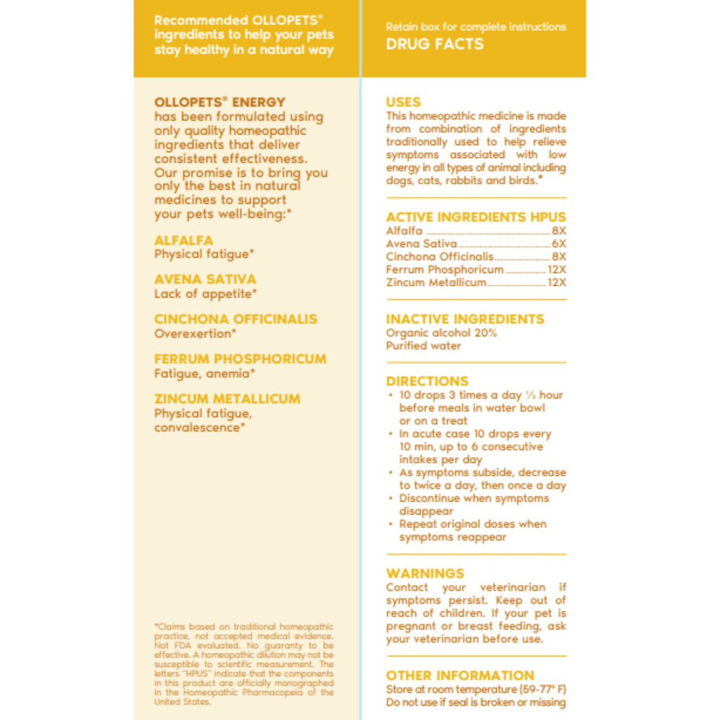 Vitality Drops for Dogs & Cats — drug facts panel